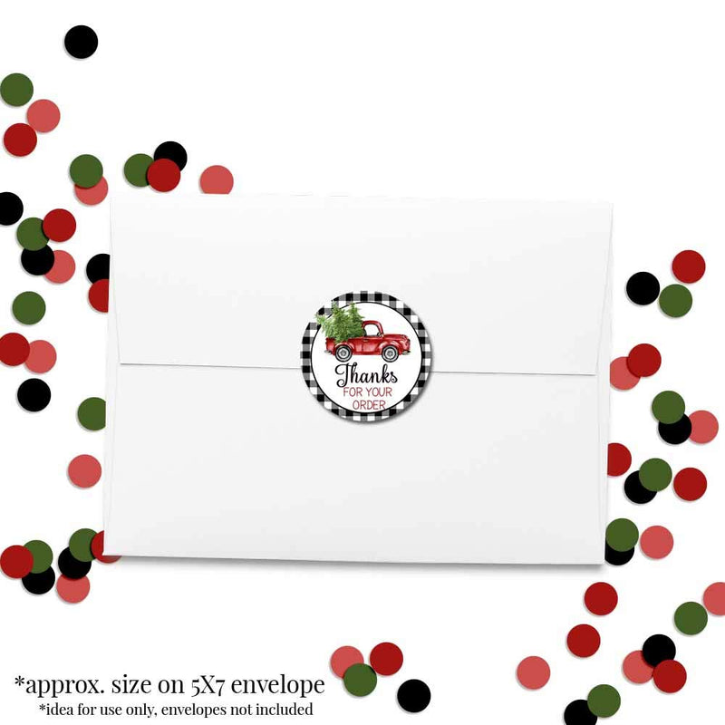 Black Buffalo Plaid & Red Truck Christmas Thank You Customer Appreciation Sticker Labels for Small Businesses, 60 1.5" Circle Stickers by AmandaCreation, for Envelopes, Postcards, Direct Mail, More!