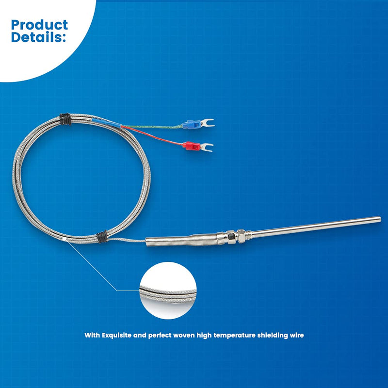 CGELE K-Type Thermocouple Temperature Sensors 0~600℃，2M/6.6Ft Wire Probe Length 100mm Two Wire 100×5mm Stainless Steel Probe Temperature Detector Temperature Gauge… Probe Length 100mm(2M)