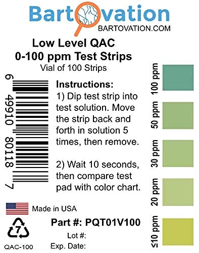 Low Level Residual Quaternary Ammonium (QAC, Multi Quat) Test Strips, 0-100 ppm [Vial of 100 Strips]