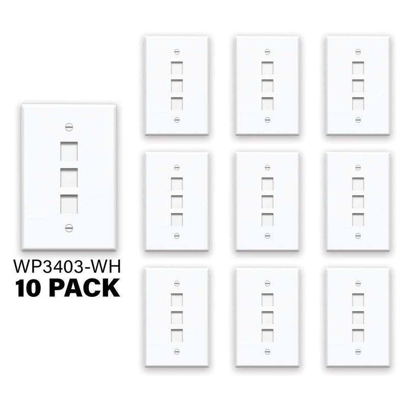 Legrand - OnQ 3 Port Keystone Single Gang Wall Plate, 1 Gang Keystone Wall Plate Supports 3 Keystone Insert, Screw-In Plastic, White, 10 Count, WP3403WH10 Pack of 10