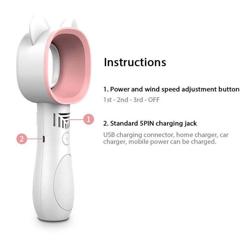 Portable Handheld Cooling Bladeless Fan USB Mini Fan Desktop Bladeless Fan Rechargeable Quiet 3 Gear (Cute White) Cute White