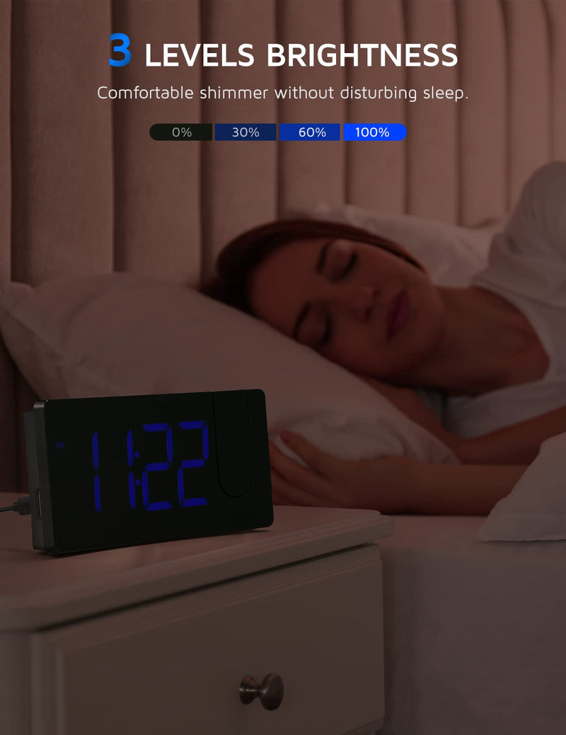 Projection Alarm Clock, Digital Clock with 180° Rotatable Projector, 3-Level Brightness Dimmer, Clear LED Display, USB Charger, Progressive Volume, 9mins Snooze,12/24H, Digital Alarm Clock for Bedroom Blue Digit+blue Projection