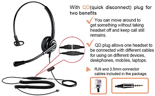 Call Center Headset with Noise Canceling Microphone, Including RJ9 & 3.5mm Connectors for Landline Deskphone and Smartphone PC Laptops, Office Telephone Headset for Yealink Grandstream Snom