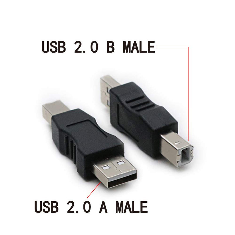 2 Pack USB 2.0 AM/BM Print Plug Type A Male to Type B Male Connector Converter Adapter Coupler