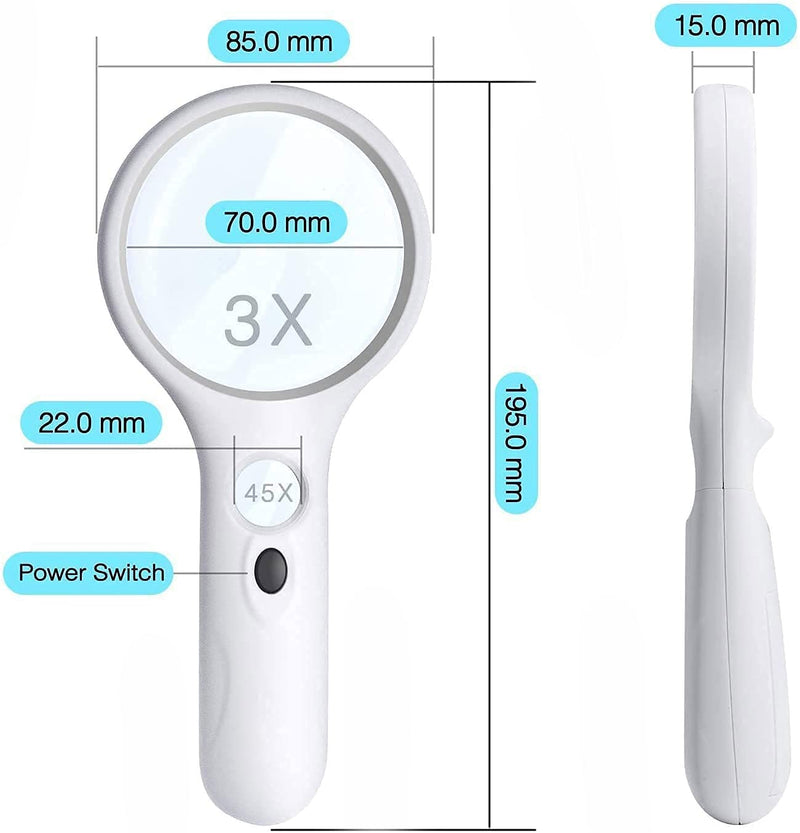 3X 45X LED Lighted Magnifying Glass,Batteries Included,Illuminated Handheld Magnifier with Light,for Seniors Reading,Macular Degeneration,Newspaper, Antique, Exploring, Map, Stamp White