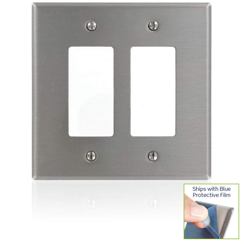 Leviton SO262 2-Gang Decora/GFCI Device Decora Wallplate, Oversized, 302 Stainless Steel, Device Mount, Stainless Steel 1 Pack
