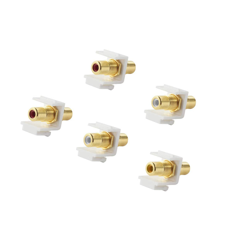 TENINYU 5-Pack RCA Keystone Jack Insert Connector Socket Female Snap in Adapter Port Gold Plated Inline Coupler for Wall Plate Outlet Panel Mount (White)
