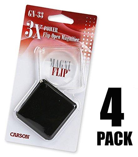 Carson MagniFlip 3x Flip-Open Pocket Magnifiers with Built-In Case For Reading, Inspection, Crafts, Hobby and Tasks (GN-33, GN-33MU) Set of 4