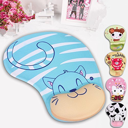 Onwon Cartoon Wrist Protected Personalized Computer Decoration Gel Wrist Rest Mouse Pad Ergonomic Design Memory Foam Mouse Pad Gel Mouse Pad/Wrist Rest(Blue Cat Style)