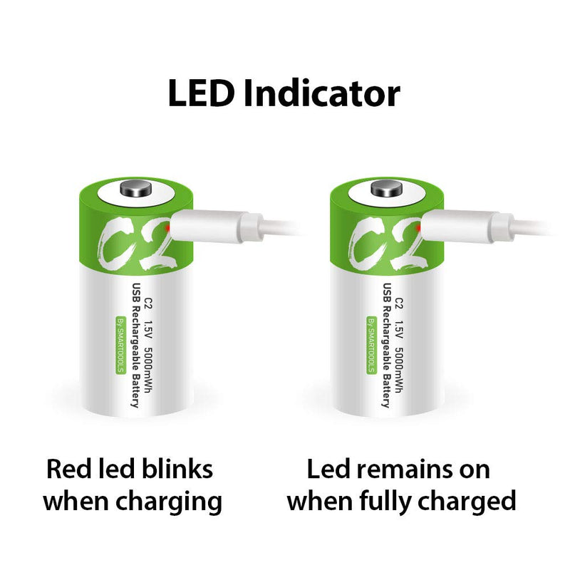 Rechargeable C Batteries 1.5V 5000mWh USB Lithium ion Rechargeable C Battery with USB Type C Charging Cable, High Capacity Fast Charge, 1200 Cycles Constant Output, Over-Charge Protection,2-Pack 2* C battery