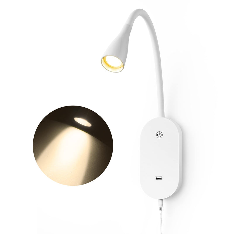 Wall Reading Light for Books in Bed, USB Output Headboard Wall Lamp,5 Dimmable Touch Control Reading Lamp,3000k LED Warm Light, Easy to Install（White） White-3000k-1 Pack