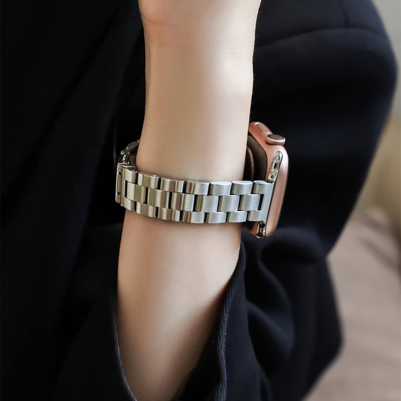 Lenrao Thin Stainless Steel Bands Compatible with Apple Watch 38mm 40mm 41mm 42mm 44mm 45mm for Women, Metal Straps for iWatch Series 8 7 6 5 4 3 2 1 SE Silver 38mm/40mm/41mm