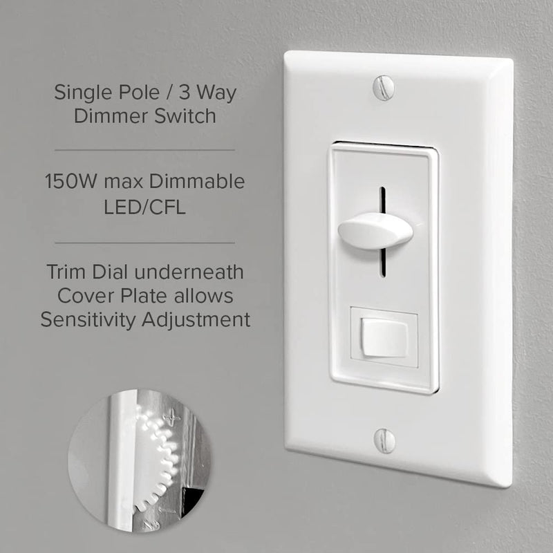 Maxxima LED Dimmer 3-Way/Single Pole Electrical Light Switch, 600 Watt max, LED Compatible, Wall Plate Included (2 Pack) 2 Pack White