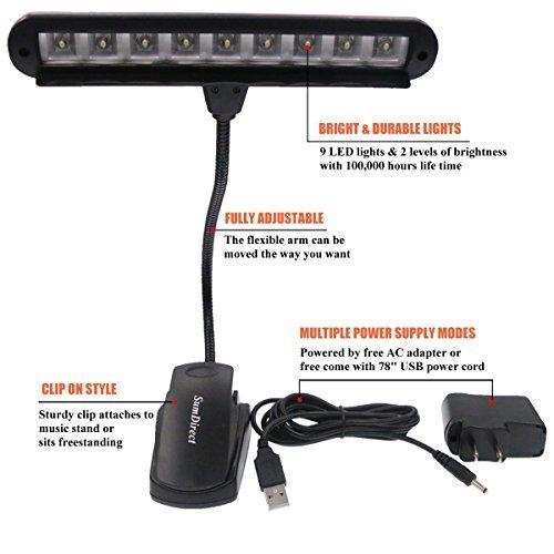 SumDirect 9 LED Music Stand Light,Adjustable Neck Clip on Book Lights,USB and Battery Operated for Bookworms, Piano Player, Kids