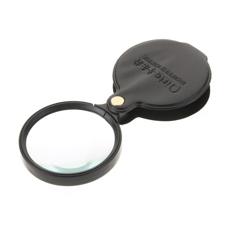 Bettomshin 1Pcs 10X Mini Magnifying Glass, 60mm Dia ABS Folding Pocket Magnifier Loupe with Leather Case,Brown & Black Border (ESM:10X/64mm)