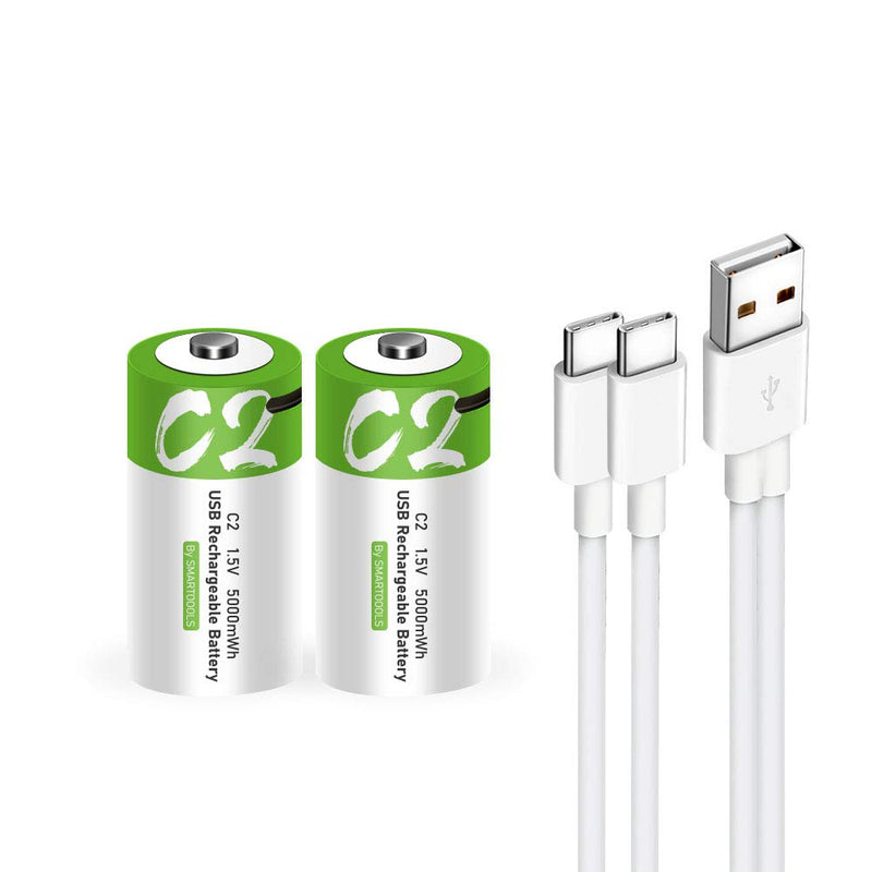 Rechargeable C Batteries 1.5V 5000mWh USB Lithium ion Rechargeable C Battery with USB Type C Charging Cable, High Capacity Fast Charge, 1200 Cycles Constant Output, Over-Charge Protection,2-Pack 2* C battery