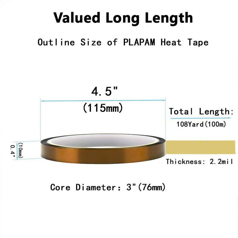 PLAPAM Heat Resistant Tape, 10mm×108Yard Heat Transfer Tape for Sublimation, 800℉ High Temp Heat Press Tape for T-Shirt 3D Printing Dye Mug 10mm × 200m 1