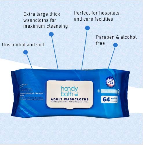 Handybath Incontinence Adult Washcloths Rinse-Free 64 Wipes Pouches Unscented Containing Washcloths Wipes Size 12 x 9" Each Made with Aloe & Chamomile for Adult Care Camping Outdoor Activities