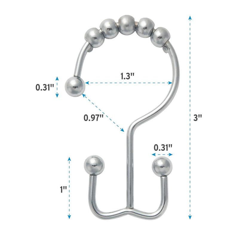 Titanker Shower Curtain Hooks Rings, Rust-Resistant Metal Double Glide Shower Hooks for Bathroom Shower Rods Curtains, Set of 12 Hooks - Chrome