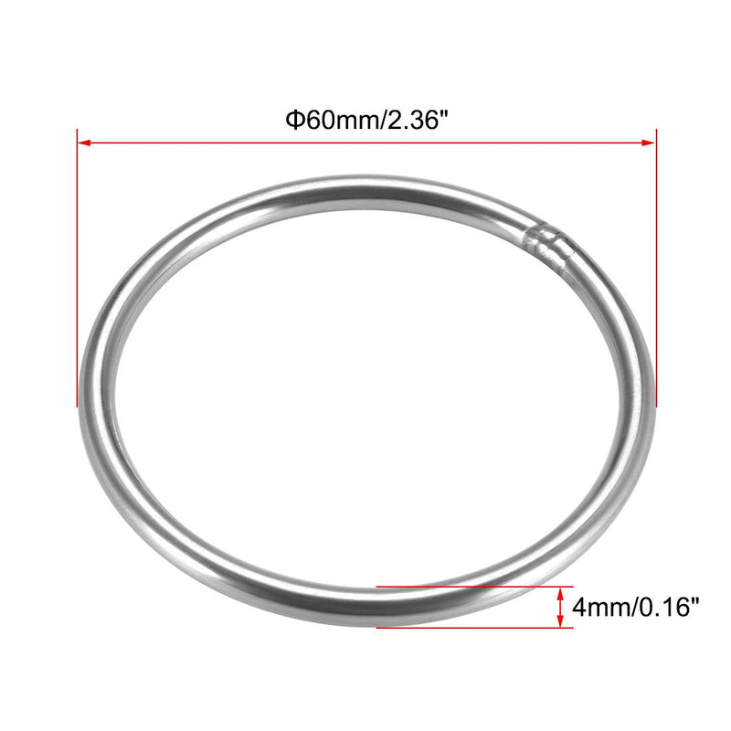 uxcell 201 Stainless Steel O Ring 60mm(2.36") Outer Diameter 4mm Thickness Strapping Welded Round Rings 4pcs