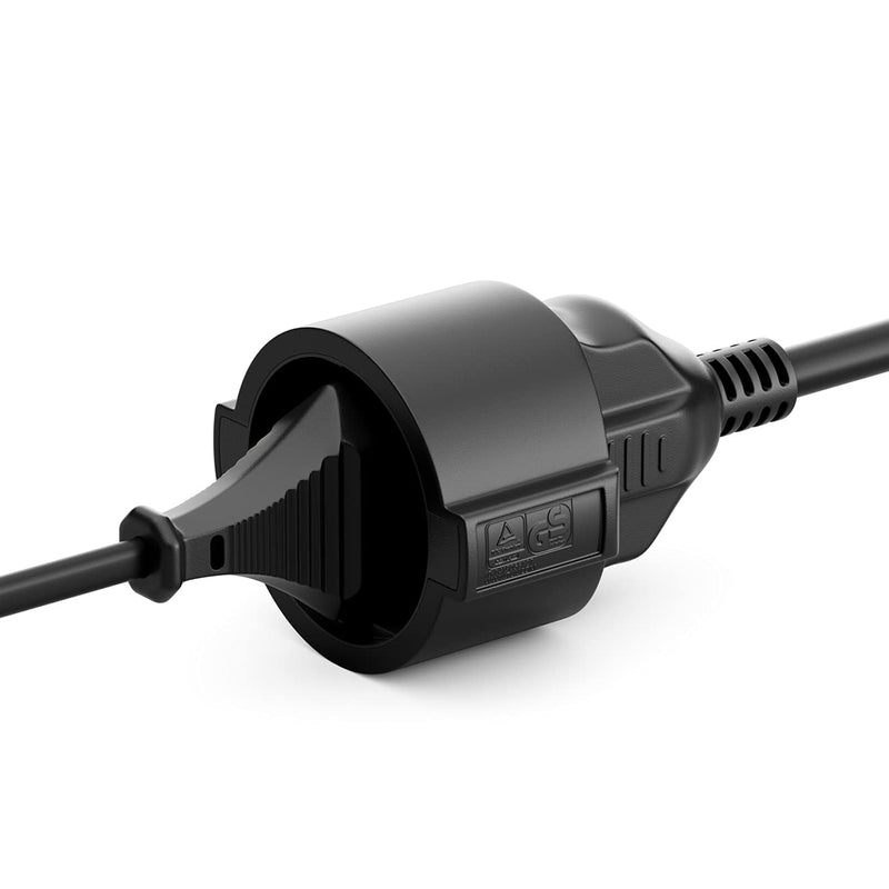 deleyCON 2m extension cable power cable power cable extension protective contact plug type F (CEE 7/4) 90° angled to socket (CEE 7/3) touch protection TV PC computer projector - black 2 M