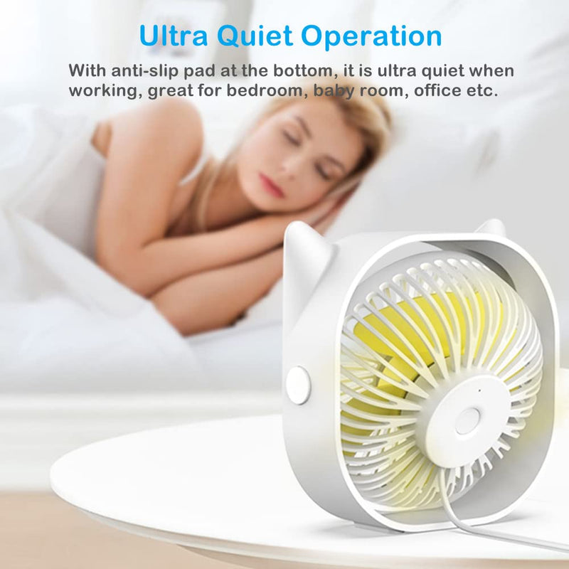 Small Personal USB Desk Fan, 3 Speeds Strong Wind Quiet Anti-slip Rotatable Table Fan for Bedroom Bedside Home Dorm Office Desktop, USB Powered Mini Cute Portable Travel Cooling Fans (White)