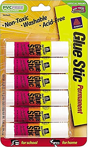 Avery 98095 Permanent Glue Stics, White Application, .26 oz, Stick, 6/Pack