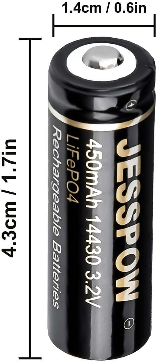 14430 Battery, JESSPOW 14430 3.2V 450mAh LiFePo4 Rechargeable Solar Batteries for for Solar Panel Outdoor Garden Lights, Solar Panel Light, Tooth Brush, Shaver, Flashlight (4 Pack) 4 Pack