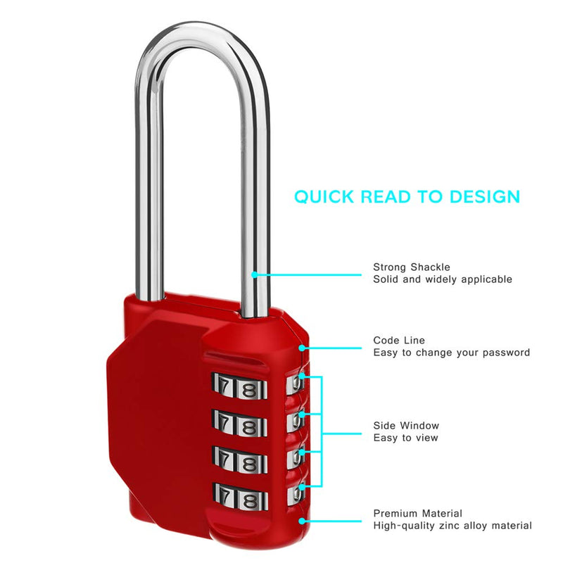 ZHEGE 2.2 Inch Long Shackle Combination Lock, 4 Digit Resettable Weatherproof Padlock for School, Gym & Employee Locker, Outdoor, Fence RedL1