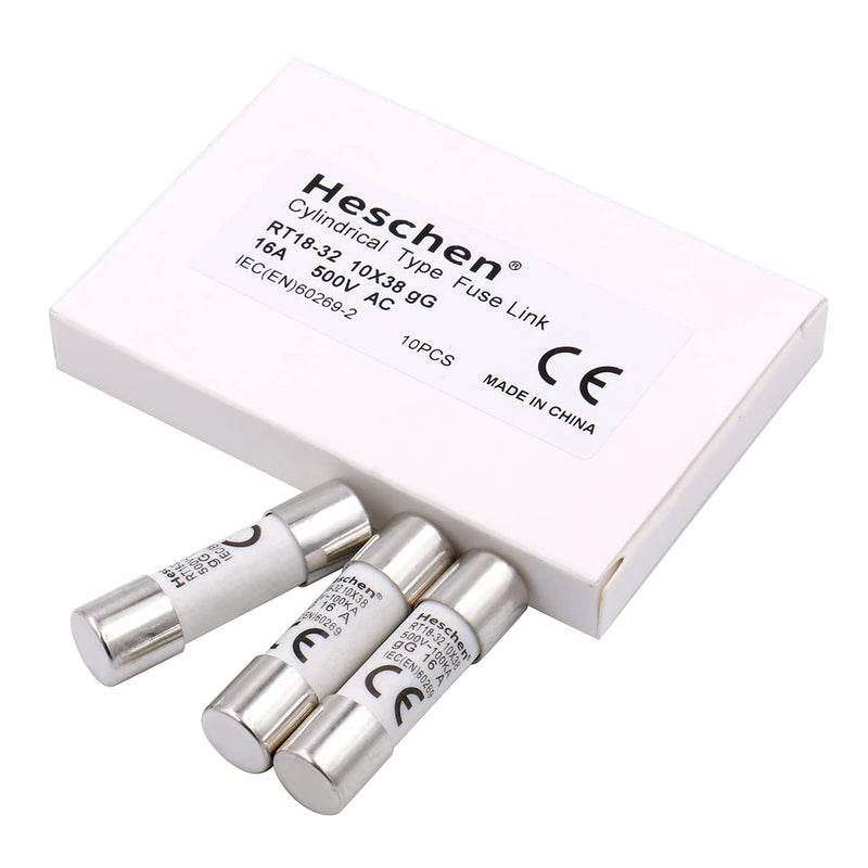 Heschen Pack of 10 Cylindrical Ceramic Tube Fuse RT18-32 (RO15) 10x38mm 16A 500V CE