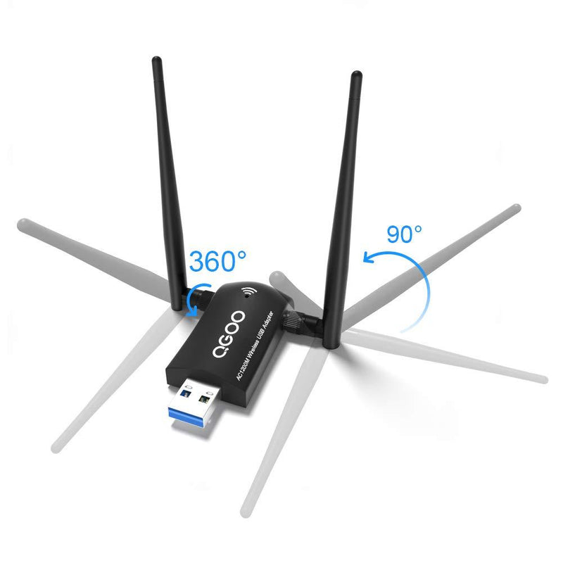 Wireless USB WiFi Adapter, QGOO WiFi Adapter USB 3.0 AC1200 High Gain Dual 5dBi Antennas 802.11ac/a/b/g/n Dual Band 2.42GHz/300Mbps 5.8GHz/867Mbps for PC Windows 10/8/7/Vista/XP, Mac OS 10.9-10.15