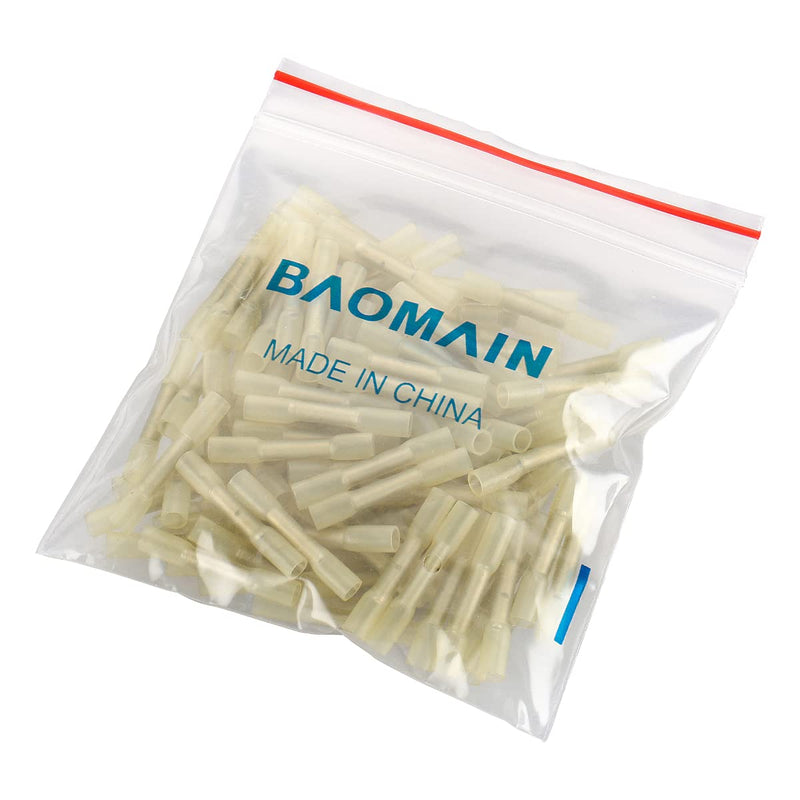 Baomain Yellow Heat Shrink Butt Wire Crimp Connectors Electrical Terminals AWG 26-22 100 Pack