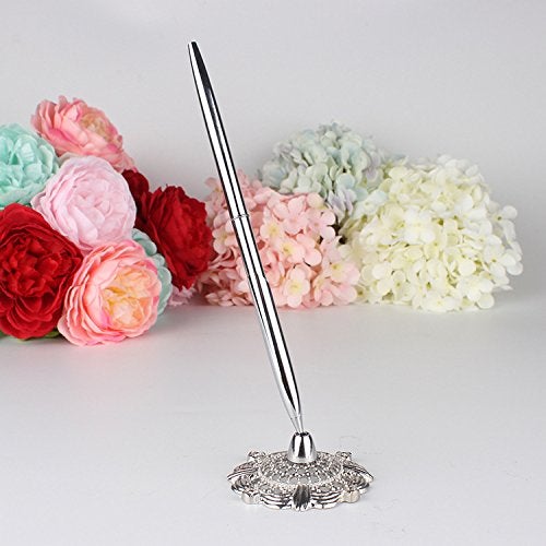 Chris.W Signing Pen with Hollow out Holder Stand for Wedding Bridal Party, Silver