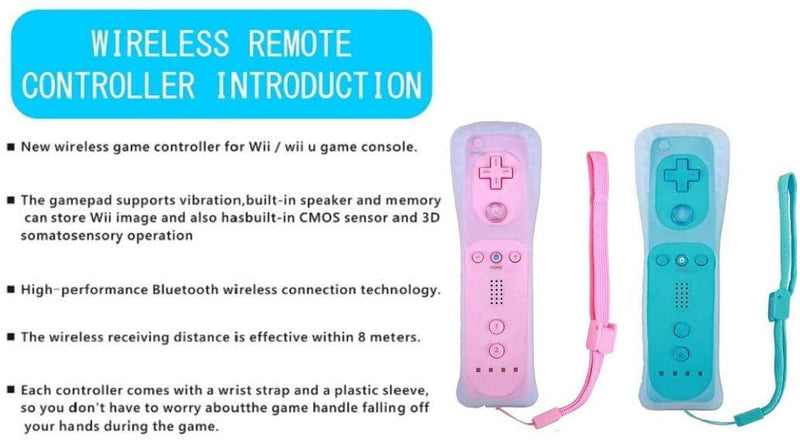 ZeroStory 2 Packs Wireless Controller and Nunchuck for Wii and Wii U Console, Gamepad with Silicone Case and Wrist Strap (Pink and Blue) Pink and Blue