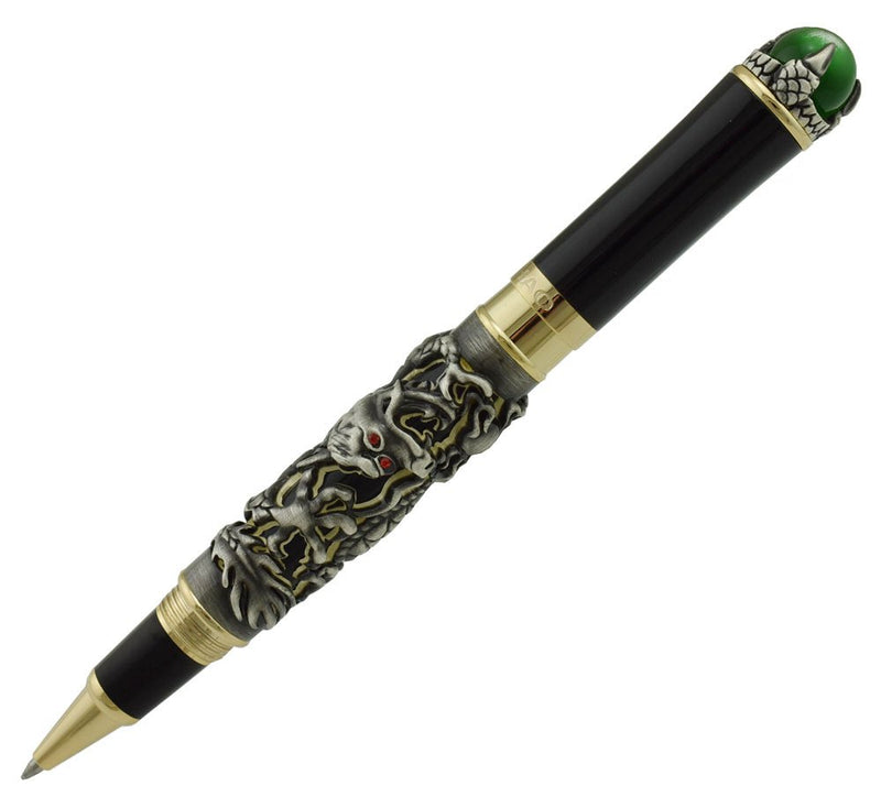 Jinhao Gray Dragon Playing Pearl Roller Ball Pen with Jewelry on Top with Pen Pouch for Journal Writing，Travel Diary