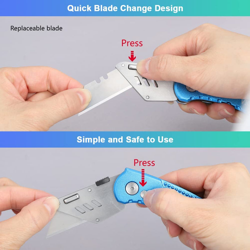 Folding Utility Knife Heavy Duty Box Cutter with 5 SK5 Quick Change Blades, Safety Axis Lock Design Razor Knife, Lightweight Aluminum Body Belt Clip for Office Blue