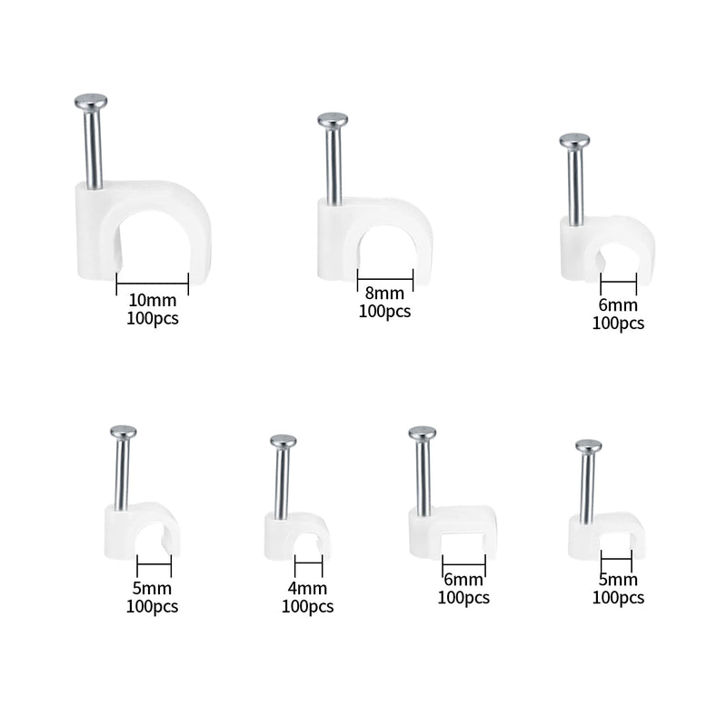 700 Pcs Cable Clips with Steel Nails, Cable Wire Cord Management Clips, White Ethernet Cable/Coax Cable/Cable Cord Holder Staples Clips with Tacks Nails for Wall, 4mm 5mm 6mm 8mm 10mm