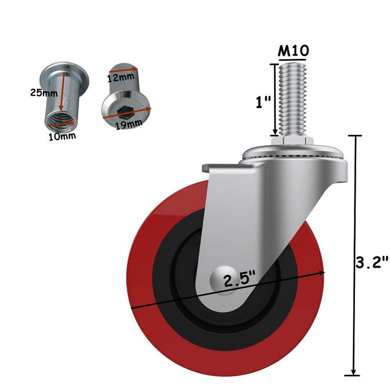 12 Pack Creeper Wheels 2.5 Inch Heavy Duty Swivel Caster Wheel Creeper Service Cart Stool Post Mount, M10 (Around 3/8") x 1" Metric Threaded Stem Casters Wheels Replacement M10x25-12pcs