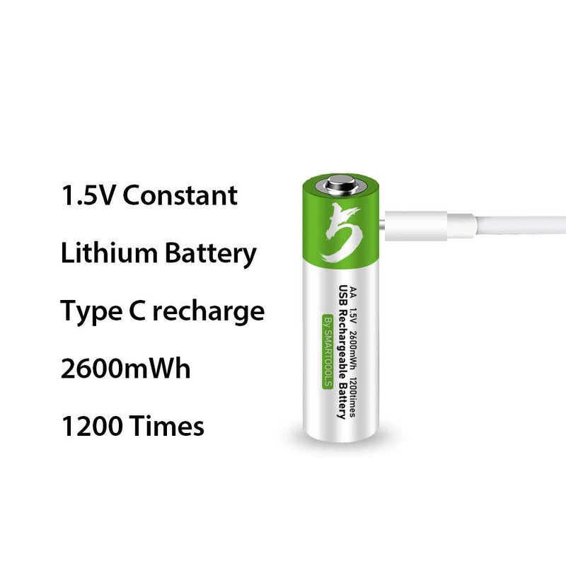 USB AA Lithium ion Rechargeable Battery, High Capacity 1.5V 2600mWh Rechargeable AA Battery, 1.5 H Fast Charge, 1200 Cycle with Type C Port Cable, Constant Output,4-Pack 4* AA battery