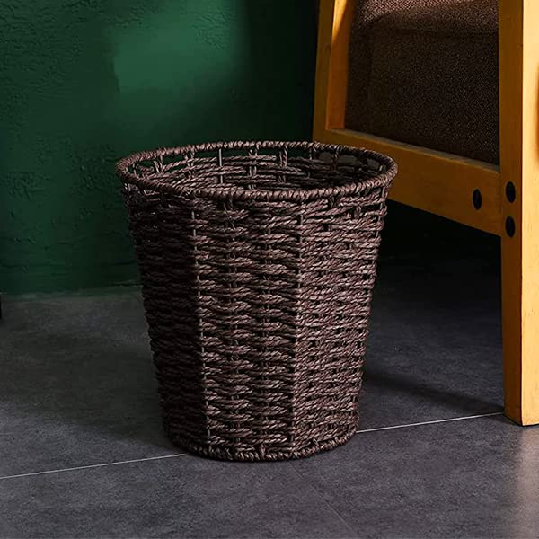 Round Wicker Waste Paper Bin and Basket, Rubbish Basket for Bedroom, Bathroom, Offices or Home (Brown) Brown