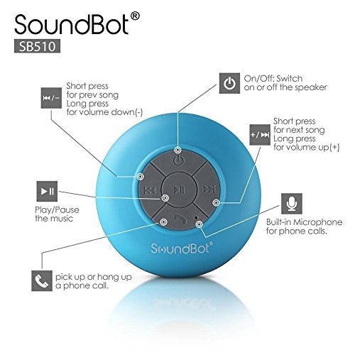 SoundBot SB510 HD Water Resistant Bluetooth 3.0 Shower Speaker, Handsfree Portable Speakerphone with Built-in Mic, 6hrs of playtime, Control Buttons and Dedicated Suction Cup (Blue) BLU