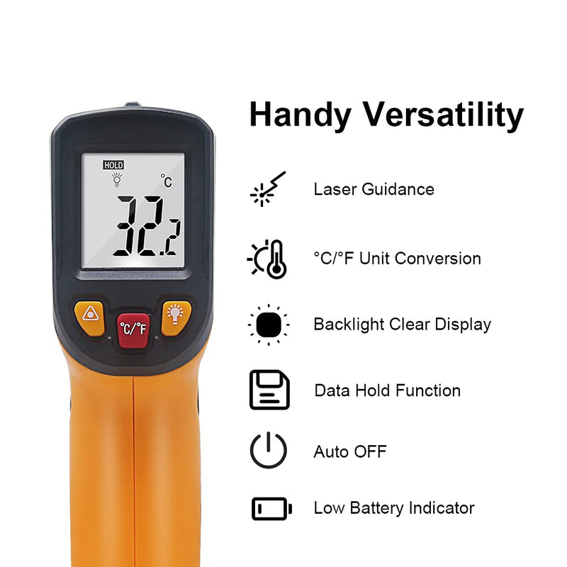 KETOTEK Infrared Thermometer Laser Digital IR Pyrometer Non-Contact Temperature Gun -50°C to 400°C Temperature Meter for Cooking Barbecue Freezer Industry Food Orange