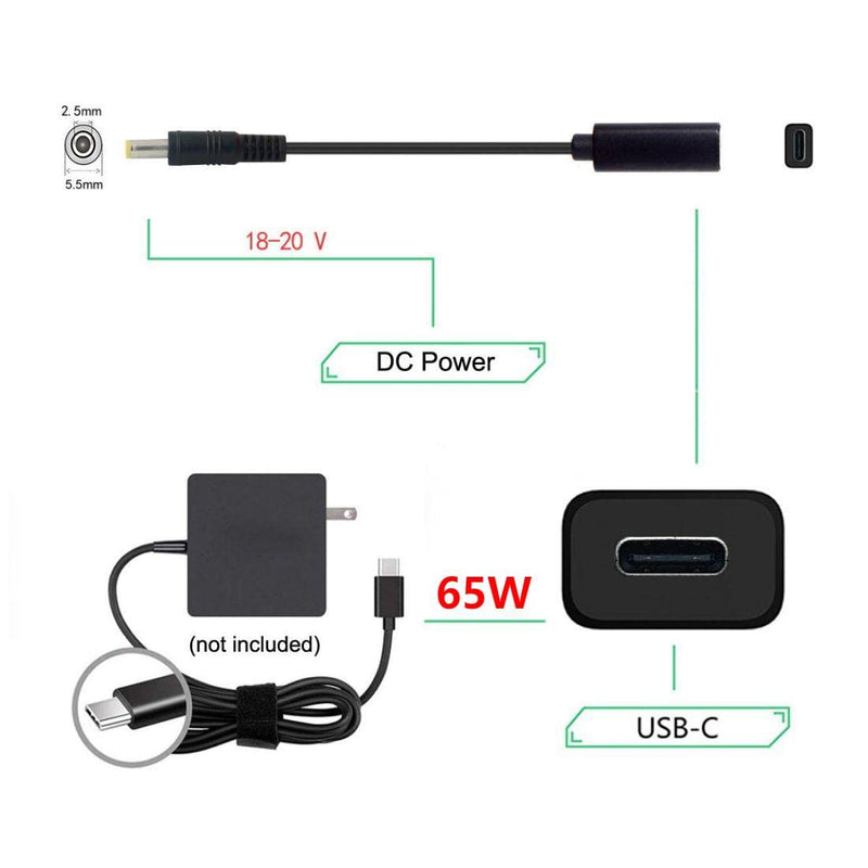 chenyang CY USB C to DC 20V 5.5x2.5mm PD 65W Charge Cable Black DC 5.5x2.5mm