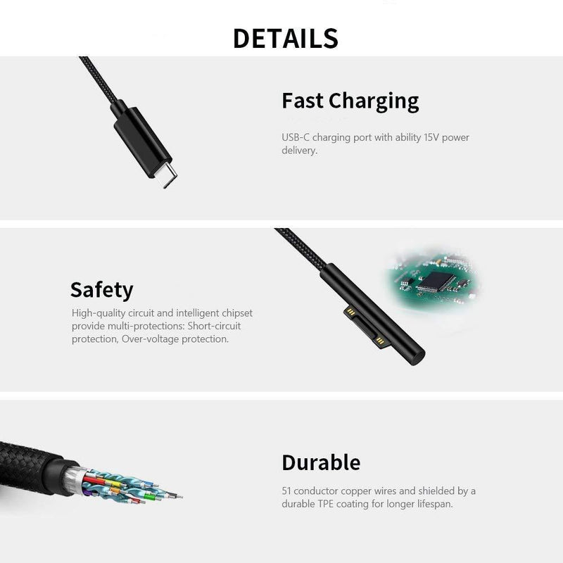 Sisyphy Nylon Braided Surface Connect to USB-C Charging Cable Compatible for Microsoft Surface Pro7 Go2 Pro6 5/4/3 Laptop1/2/3 & Surface Book, Works with 45W 15V3A USBC Charger (Black, 6ft)