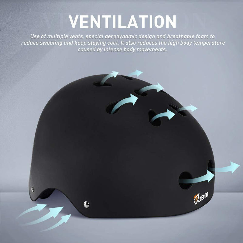 JBM Skateboard Helmet Impact Resistance Ventilation for Multi-Sports Cycling Skateboarding Scooter Roller Skate Inline Skating Longboard Black Small