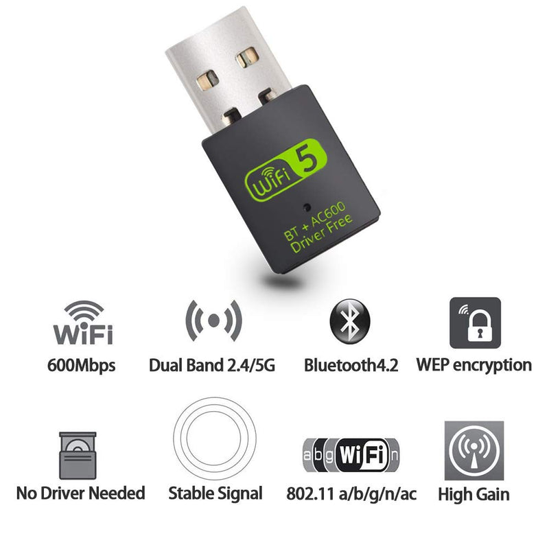 USB WiFi Bluetooth Adapter, 600Mbps Dual Band 2.4/5Ghz Wireless Network External Receiver, Mini WiFi Dongle for PC/Laptop/Desktop