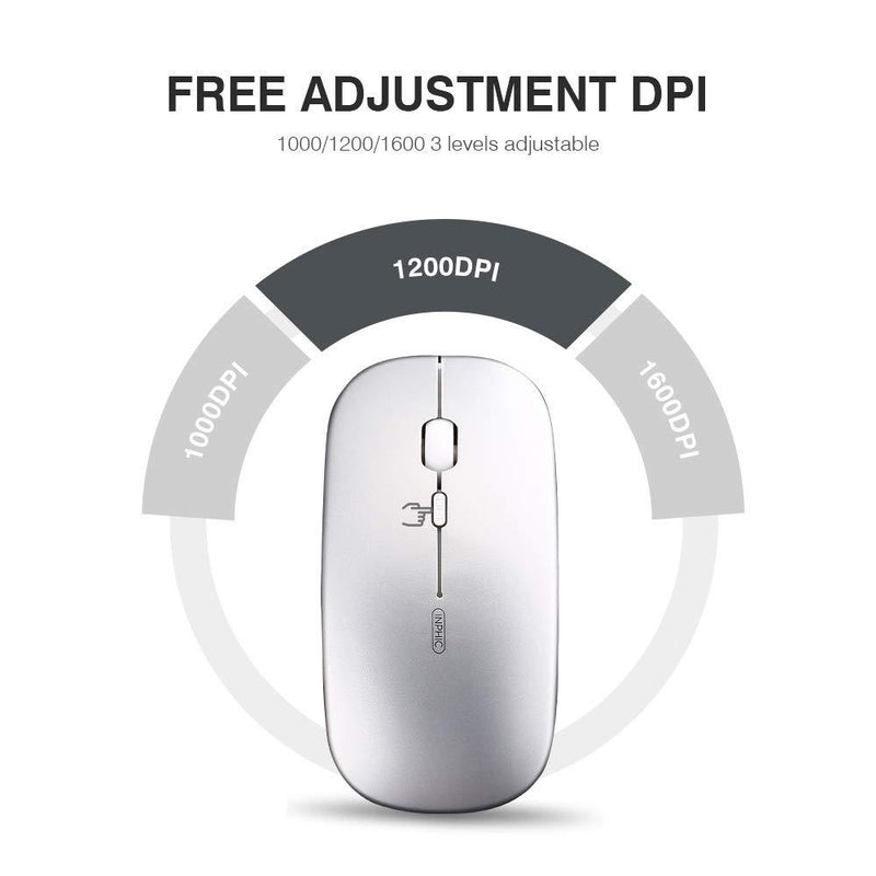 Wireless Mouse,Rechargeale & Noiseless, Inphic Ultra Slim USB 2.4G PC Computer Laptop Cordless Mice with USB Nano Receiver, 1600 DPI Travel Mouse for Office Windows Mac Linux MacBook, Silver