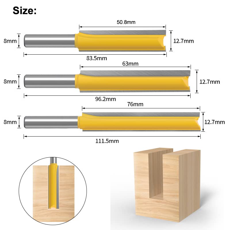 ASNOMY Pack of 3 8 mm shaft extension cutters for router, extra long flush cutter, groove cutter, wood cutter, for wood, extra long cutting length -50mm, 63mm, 76mm