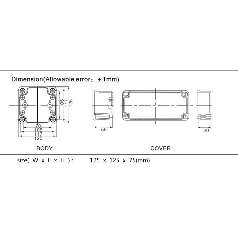 LeMotech Waterproof Dustproof IP67 Junction Box DIY Case Enclosure Gray 4.9 x 4.9 x 3 inch (125 x 125 x 75 mm) 4.9" x 4.9" x 3" Size S&M