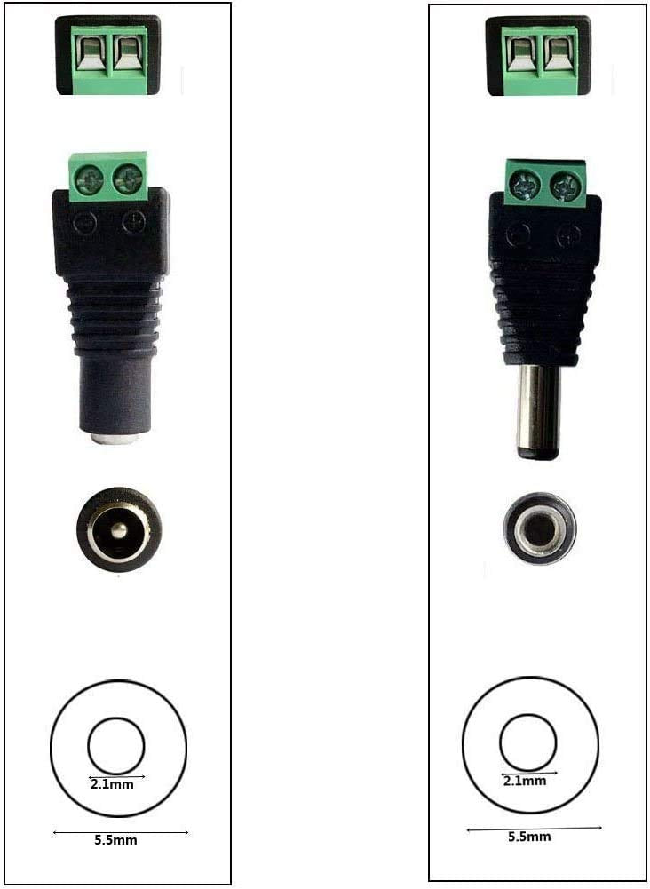 TronicsPros 2pcs DC 12V Switch Cable 30cm Inline LED Strip Switch On Off + 2 Pairs of 5.5mm x 2.1mm DC Female Male Connector Plug Adapter Screw Terminal for LED Tape or Other DC 5V-24V Device